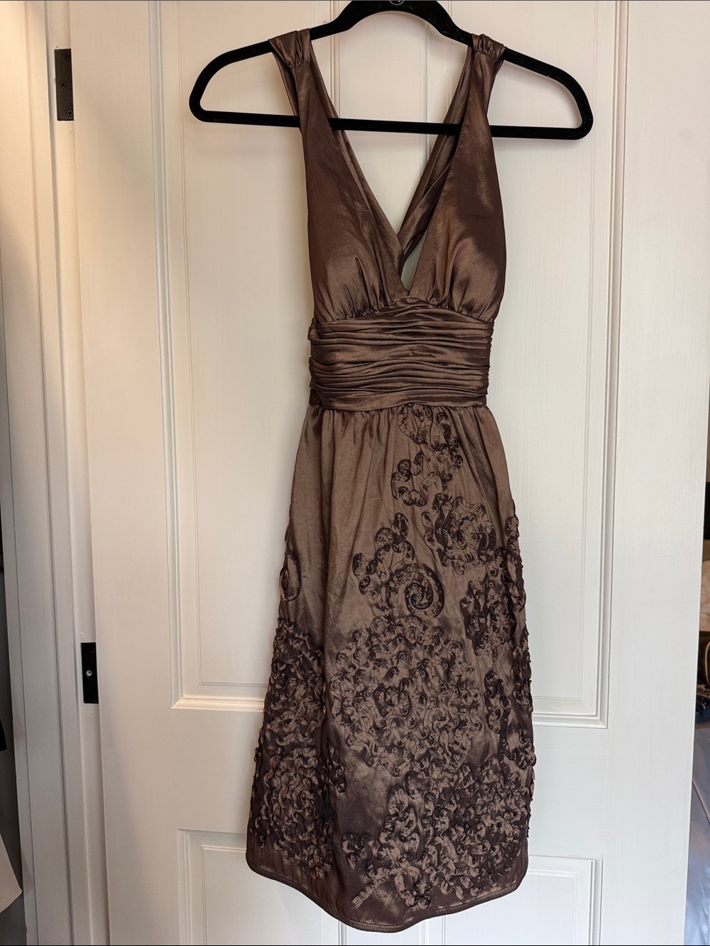 Adrianna Papell Bronze Embroidered V-Neck Mini Dress
